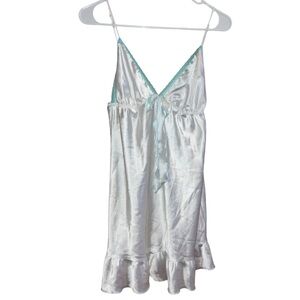 Victoria’s Secret Angel Y2K White Satin Babydoll Bridal Slip Dress Blue Lace- L
